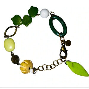 David Aubrey bracelet in shades of green made of wood metal & artisan beads 8.5”
